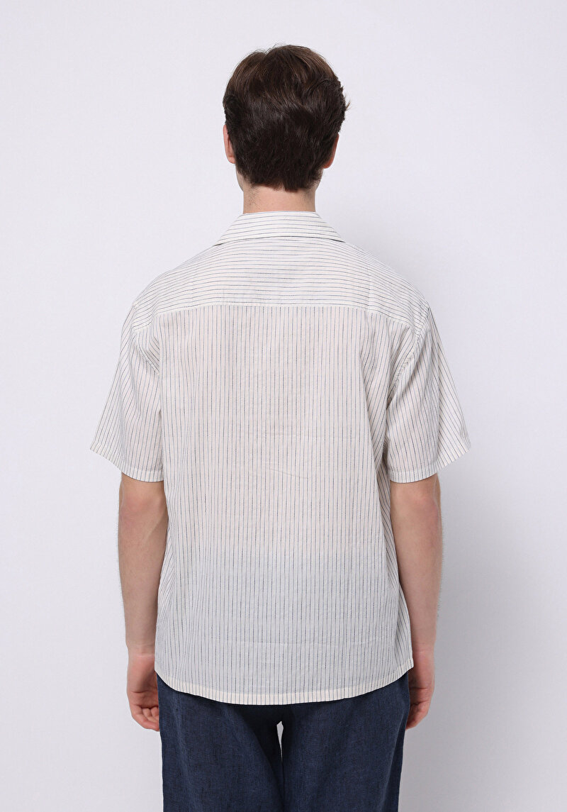 Boxy Fit Shirt Neck Çizgili Erkek Mavi Kısa Kol Gömlek