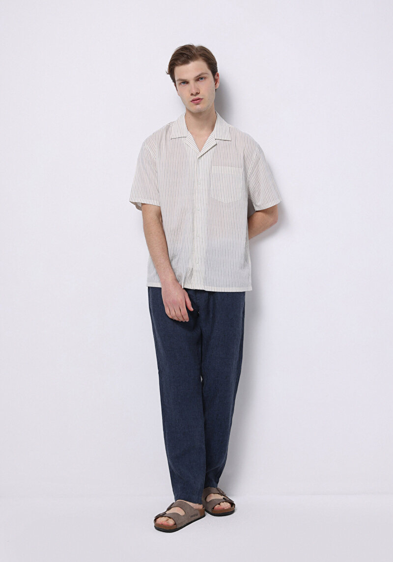 Boxy Fit Shirt Neck Çizgili Erkek Mavi Kısa Kol Gömlek