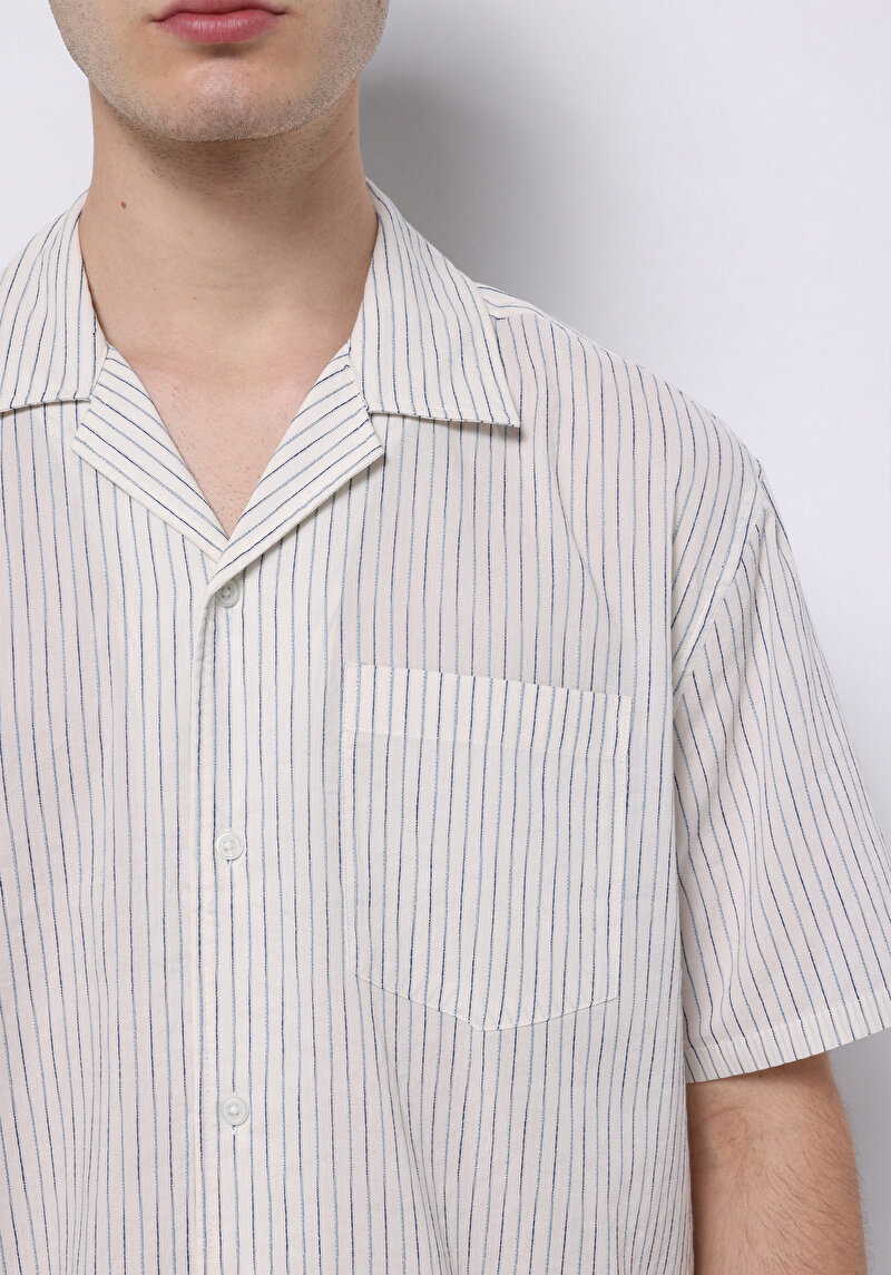 Boxy Fit Shirt Neck Çizgili Erkek Mavi Kısa Kol Gömlek