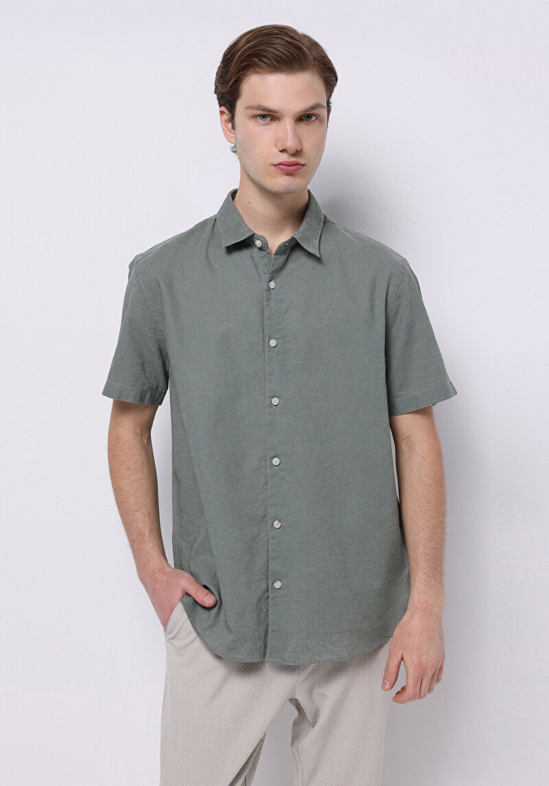Regular Fit Shirt Neck Cepsiz Düz Erkek Yeşil Kısa Kol Gömlek