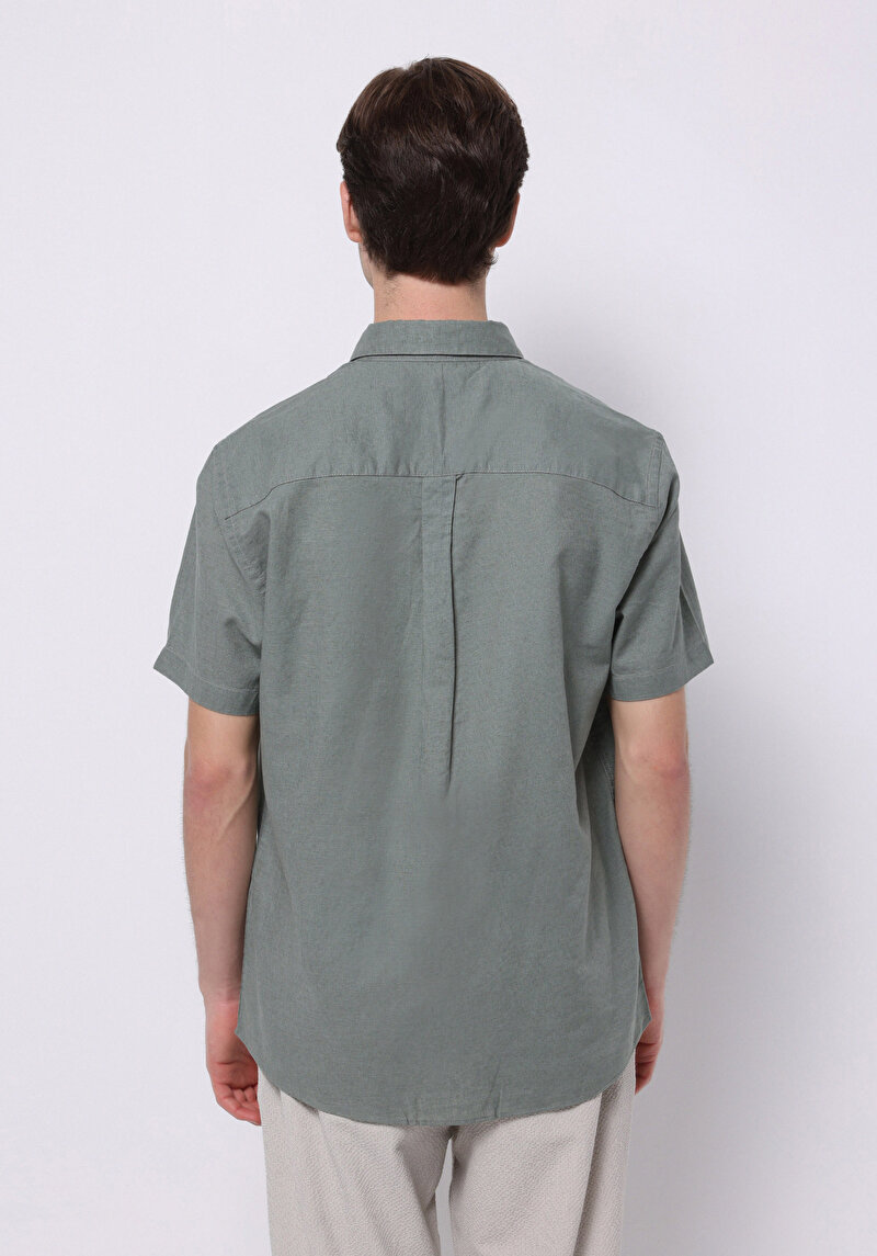 Regular Fit Shirt Neck Düz Erkek Keten Karışımlı Yeşil Kısa Kol Gömlek