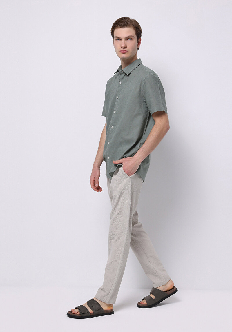 Regular Fit Shirt Neck Düz Erkek Keten Karışımlı Yeşil Kısa Kol Gömlek