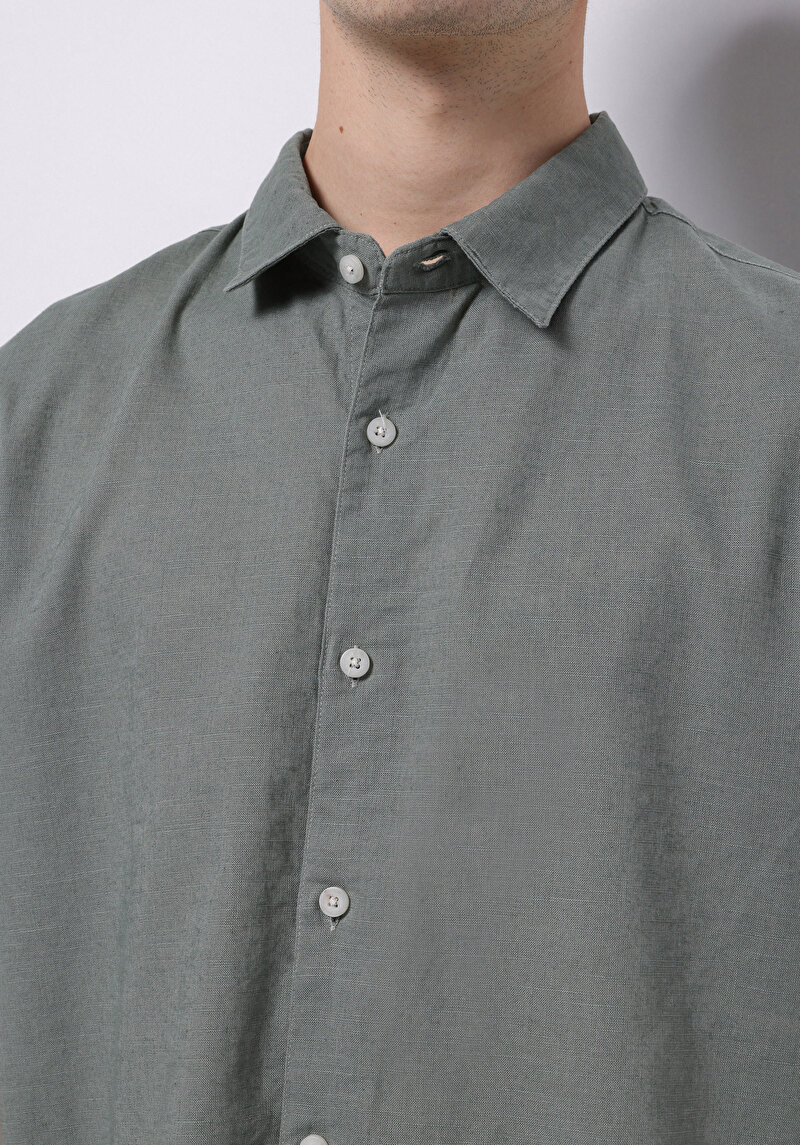 Regular Fit Shirt Neck Düz Erkek Keten Karışımlı Yeşil Kısa Kol Gömlek