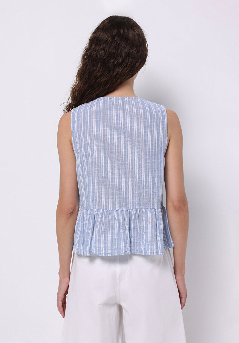 Slim Fit V Yaka Çizgili Kadın Mavi Kolsuz Gömlek