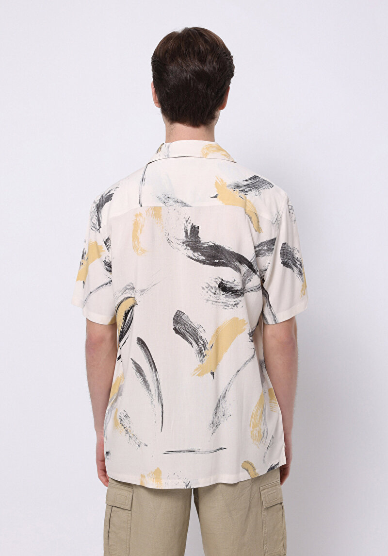 Regular Fit Shirt Neck Baskılı Erkek Bej Kısa Kol Gömlek