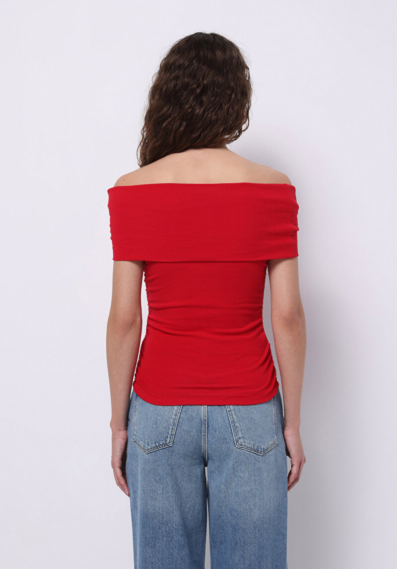 Slim Fit Kayık Yaka Düz Kadın Kirmizi Kolsuz Tişört