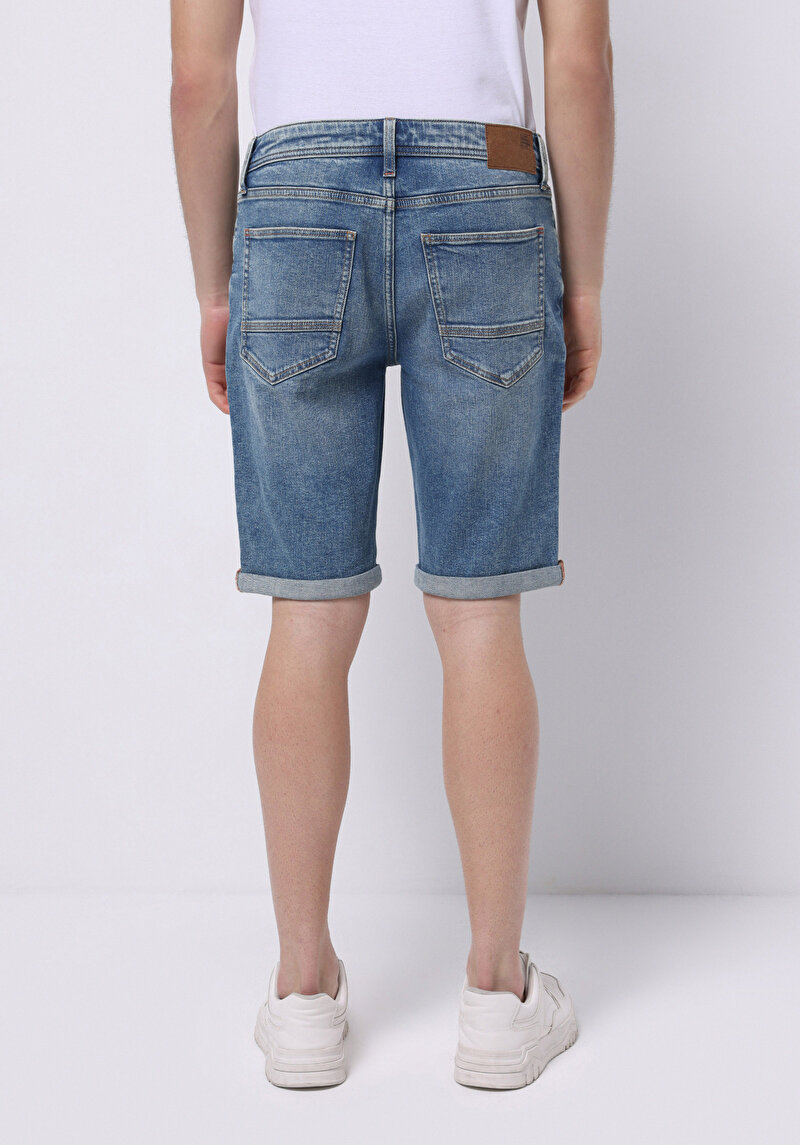 Straight Fit Düşük Bel Düz Erkek Light İndigo Denim Jean Fermuarlı Şort