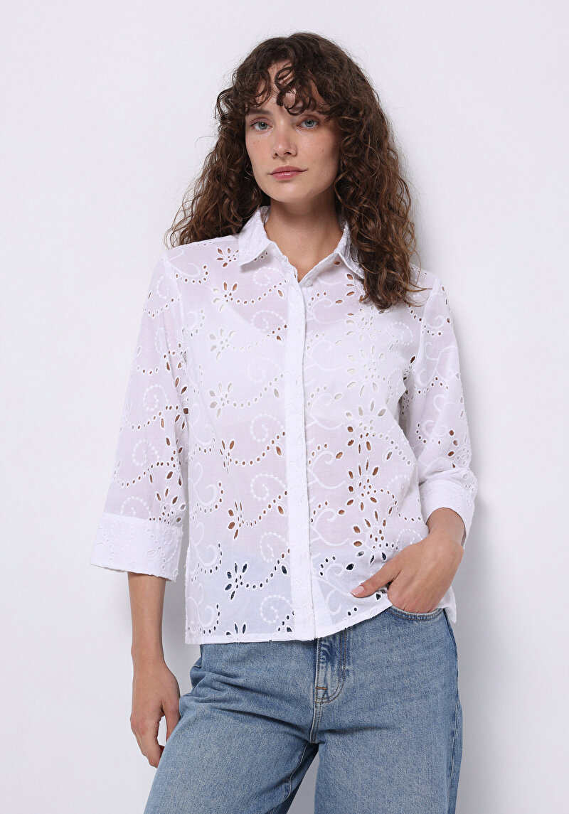 Regular Fit Pamuklu Shirt Neck Nakışlı Kadın Beyaz Uzun Kol Gömlek