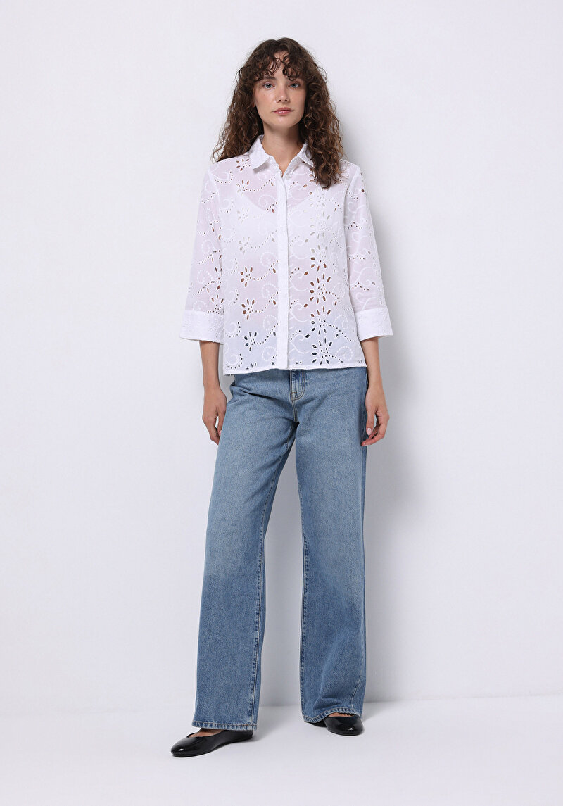 Regular Fit Pamuklu Shirt Neck Nakışlı Kadın Beyaz Uzun Kol Gömlek