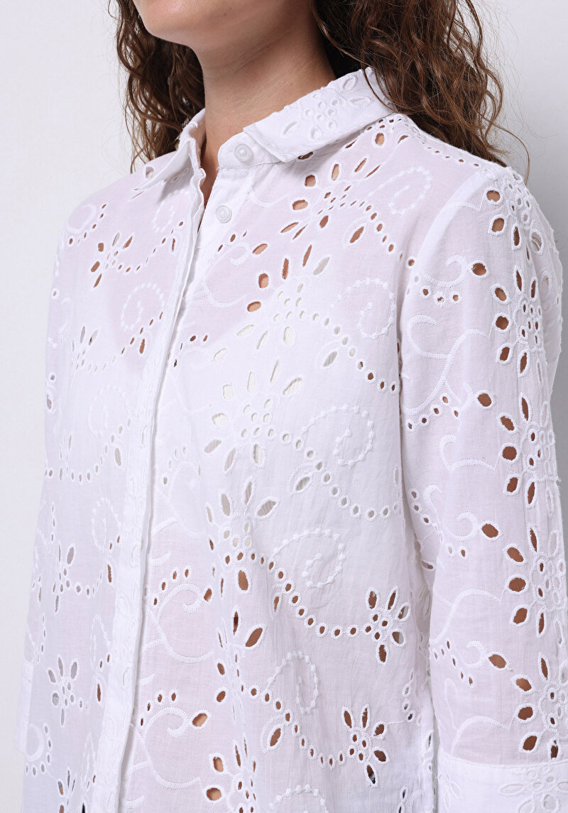Regular Fit Pamuklu Shirt Neck Nakışlı Kadın Beyaz Uzun Kol Gömlek