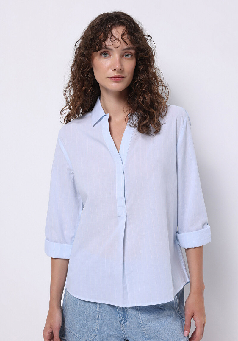 Regular Fit Shirt Neck Çizgili Kadın Mavi Roll-up Gömlek