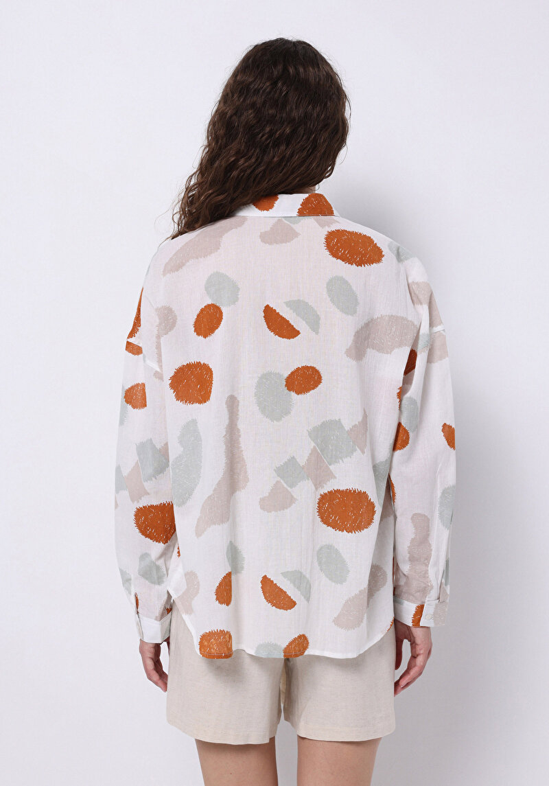 Relax Fit Pamuklu Shirt Neck Baskılı Kadın Çok Renkli Uzun Kol Gömlek
