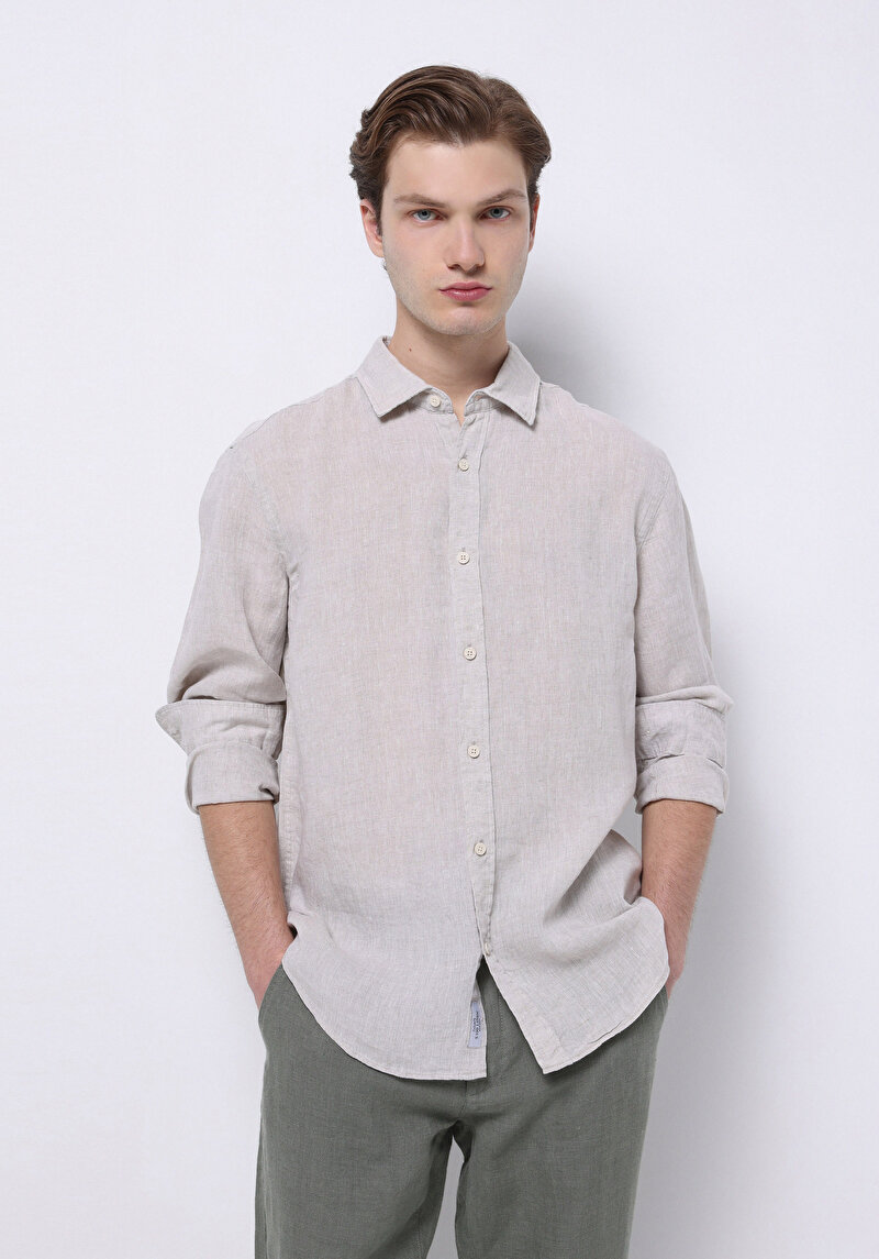 Regular Fit Shirt Neck Düz Erkek Keten Karışımlı Bej Uzun Kol Gömlek