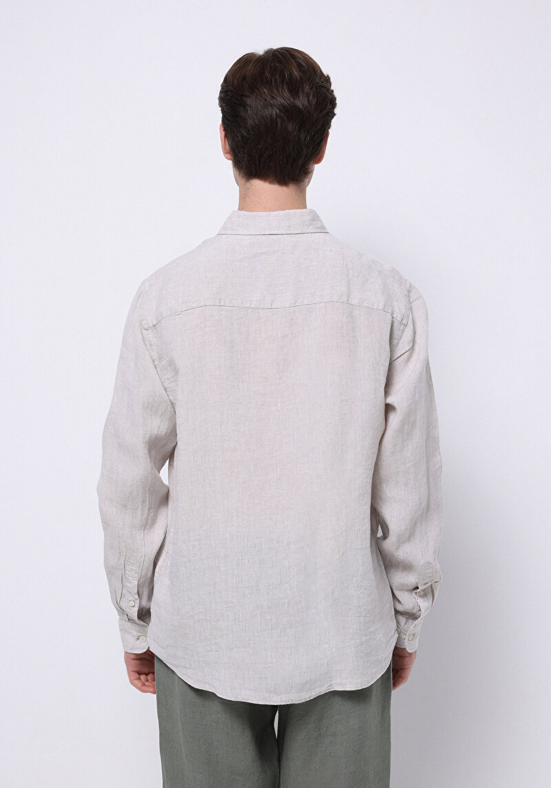 Regular Fit Shirt Neck Düz Erkek Keten Karışımlı Bej Uzun Kol Gömlek
