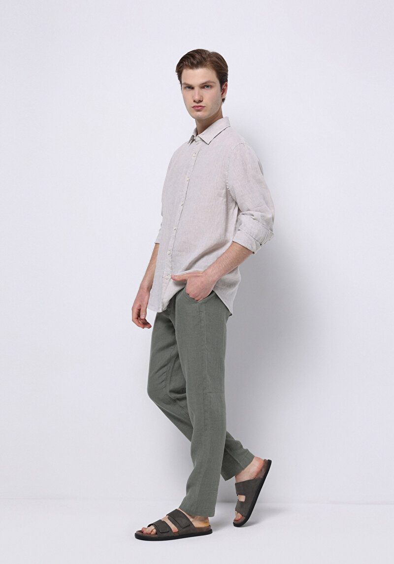 Regular Fit Shirt Neck Düz Erkek Keten Karışımlı Bej Uzun Kol Gömlek