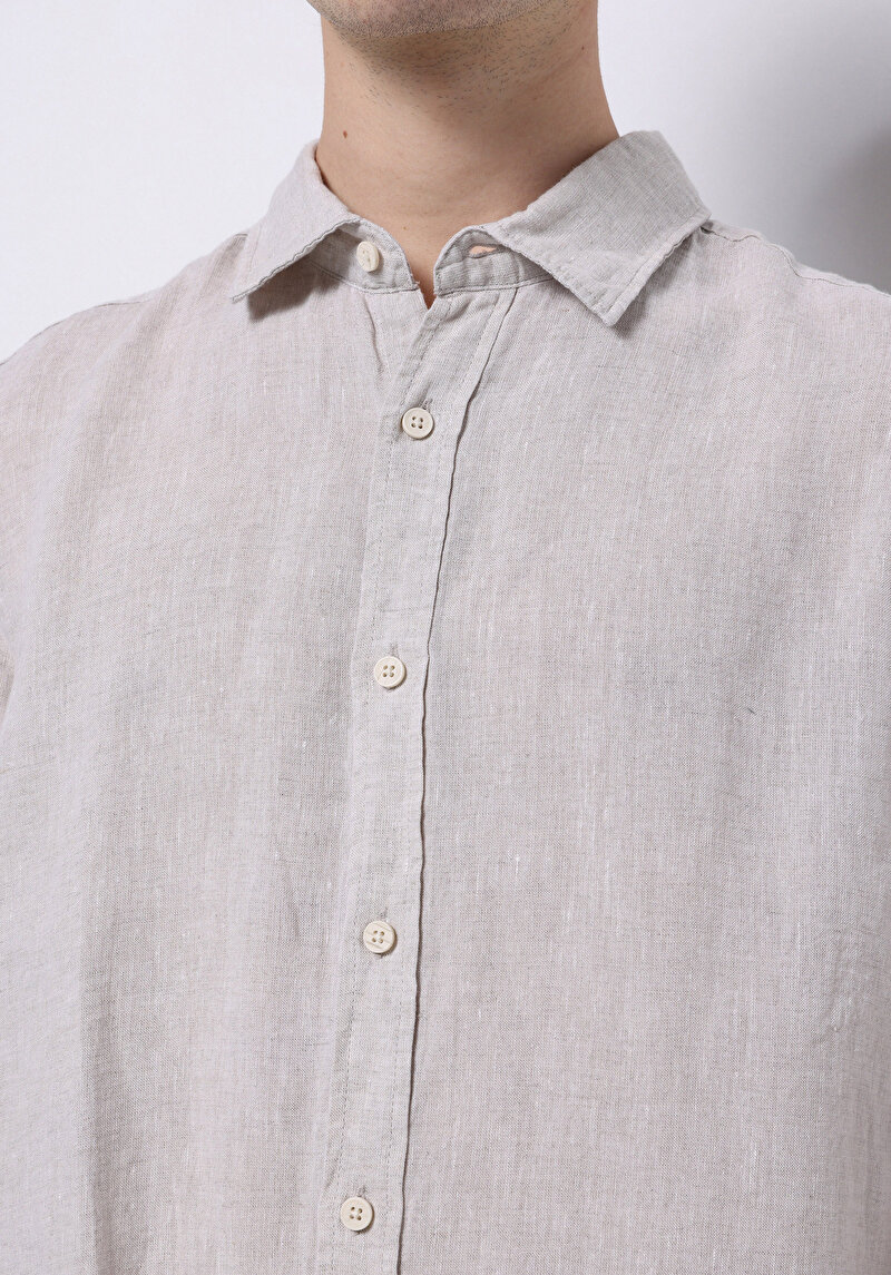 Regular Fit Shirt Neck Düz Erkek Keten Karışımlı Bej Uzun Kol Gömlek