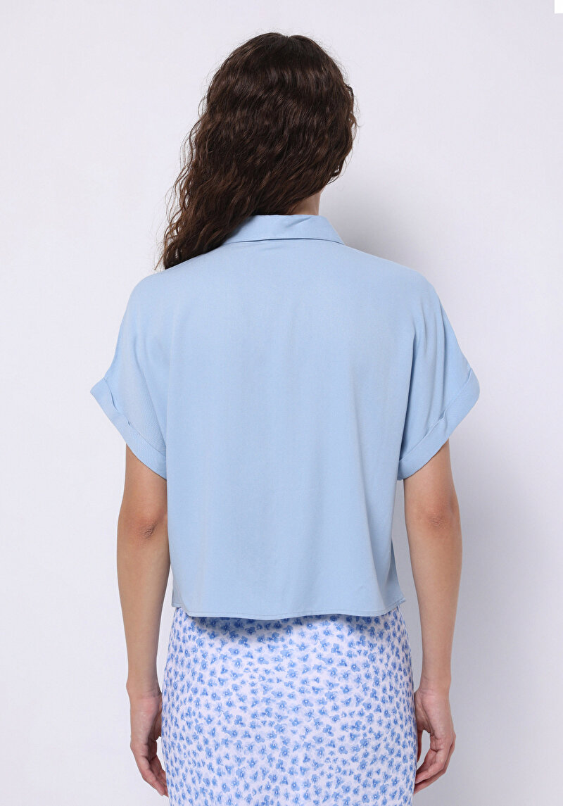 Regular Fit Shirt Neck Düz Kadın Mavi Kısa Kol Gömlek