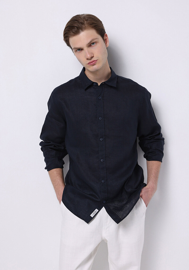 Regular Fit Shirt Neck Düz Erkek Keten Karışımlı Lacivert Uzun Kol Gömlek