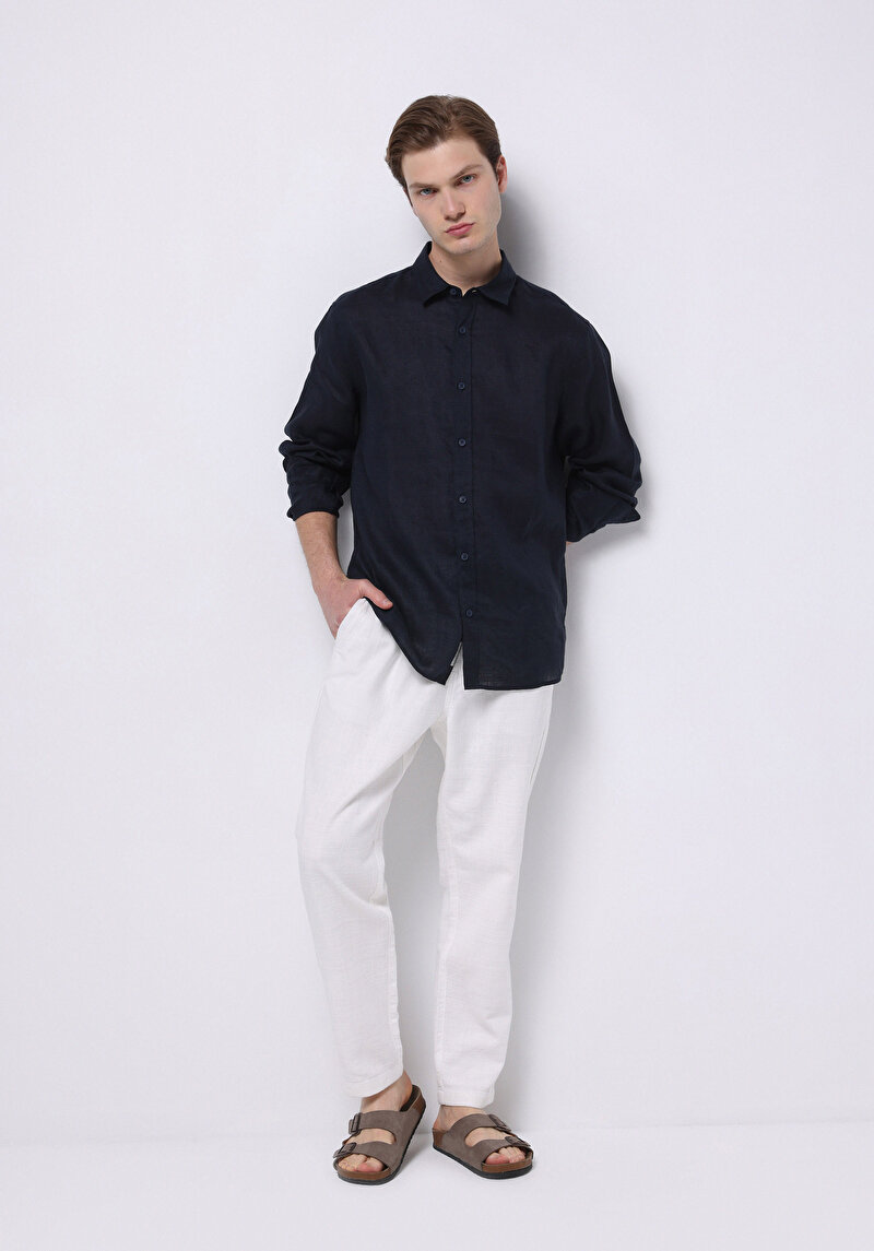 Regular Fit Shirt Neck Düz Erkek Keten Lacivert Uzun Kol Gömlek