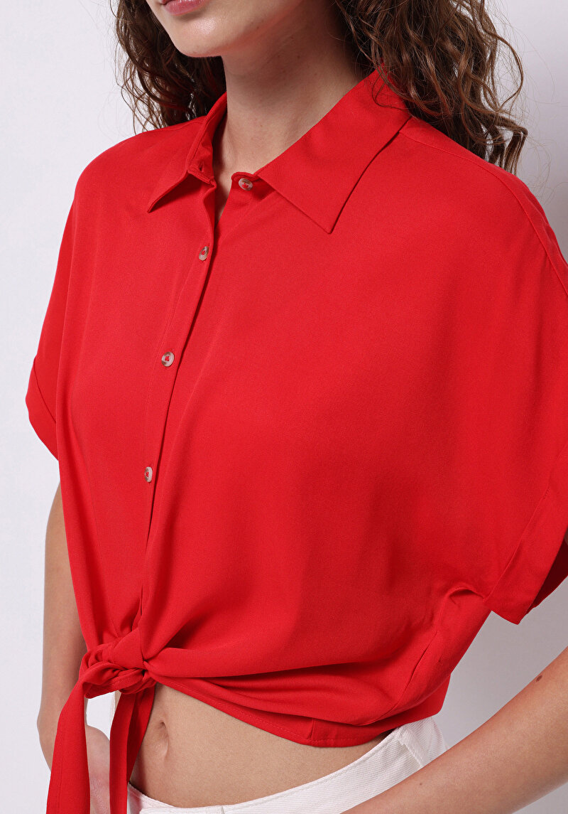 Regular Fit Shirt Neck Düz Kadın Kirmizi Kısa Kol Gömlek