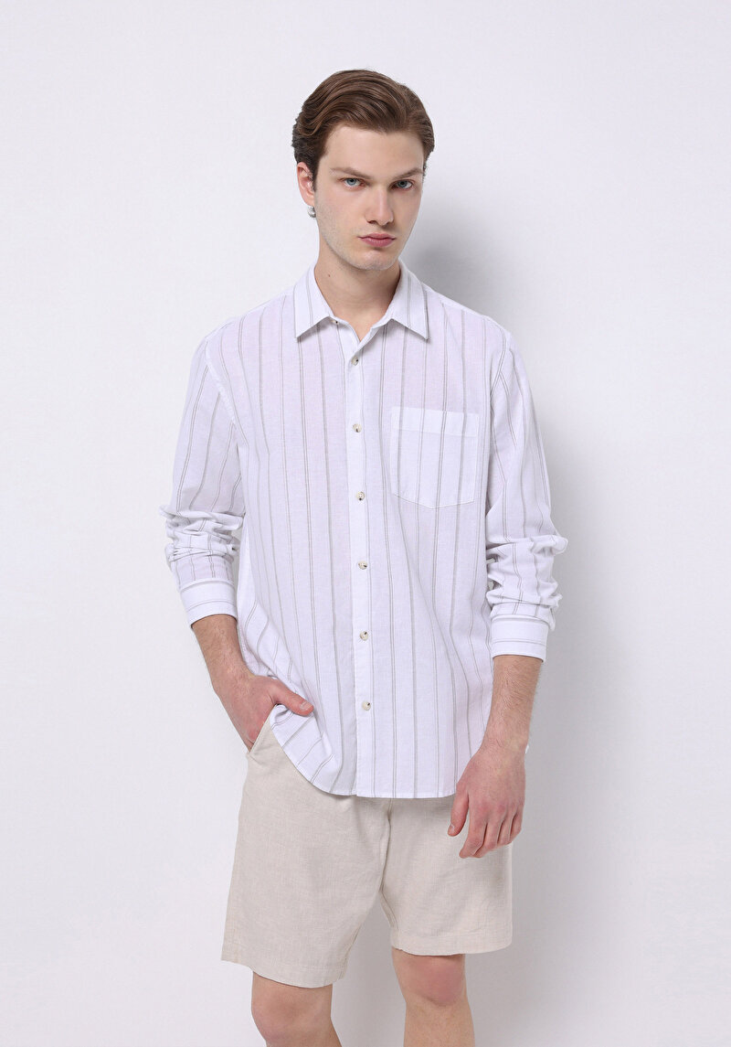 Regular Fit Shirt Neck Çizgili Erkek Keten Karışımlı Beyaz Uzun Kol Gömlek