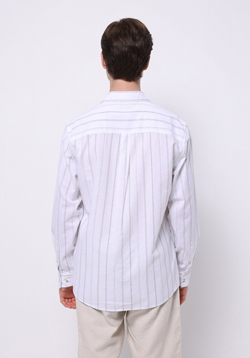 Regular Fit Shirt Neck Çizgili Erkek Keten Karışımlı Beyaz Uzun Kol Gömlek