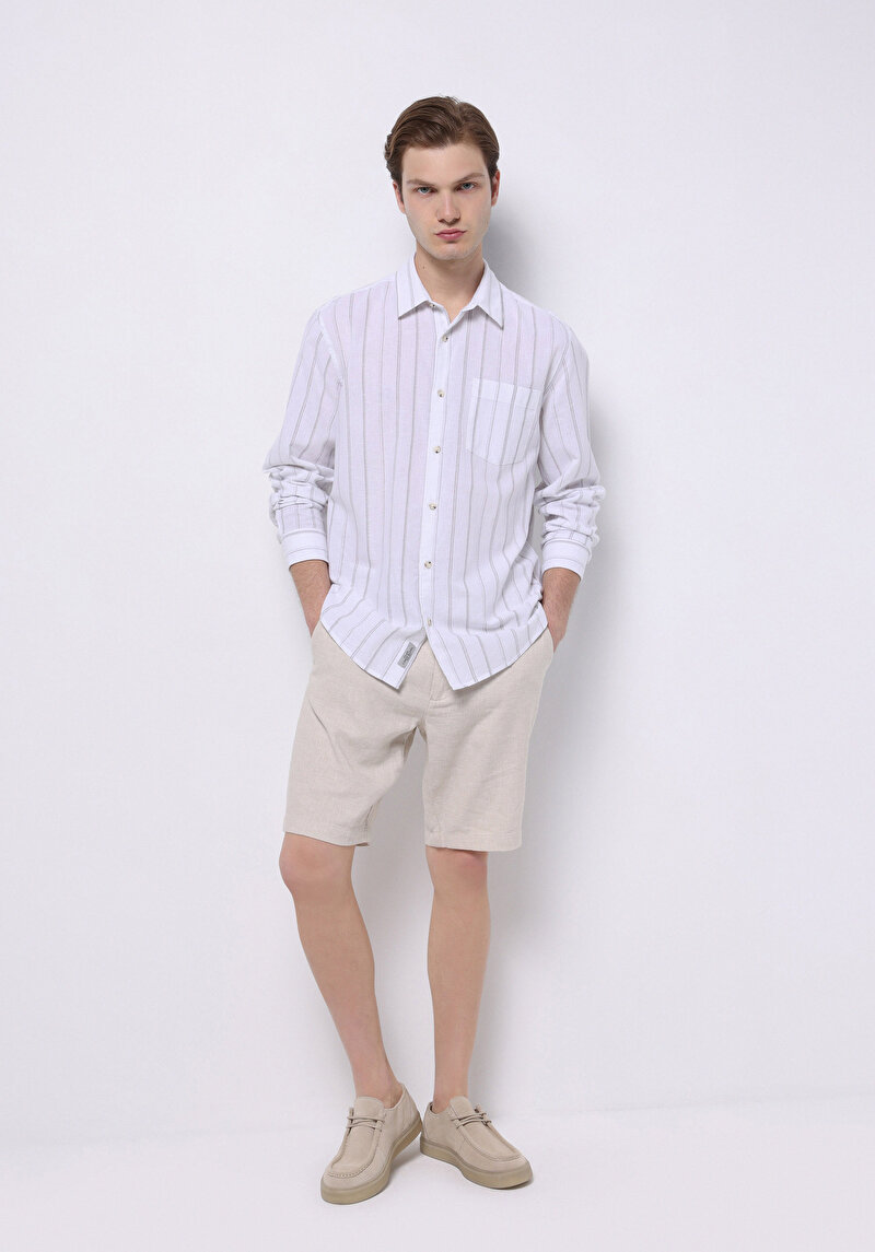 Regular Fit Shirt Neck Çizgili Erkek Keten Karışımlı Beyaz Uzun Kol Gömlek