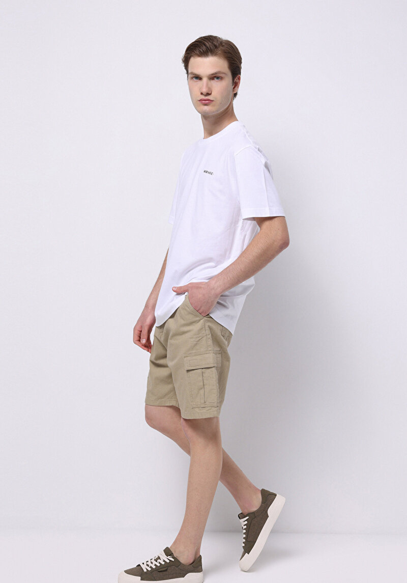 Regular Fit Orta Bel Düz Erkek Bej Şort