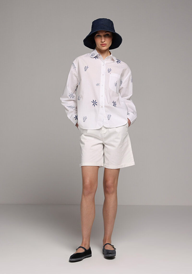 Slim Fit Yüksek Bel Düz Kadın Beyaz Şort