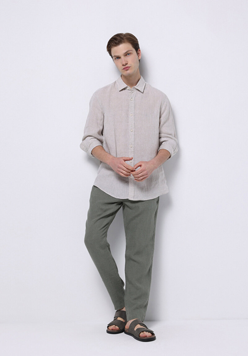 Regular Fit Orta Bel Uzun Paça Erkek Keten Yeşil Pantolon