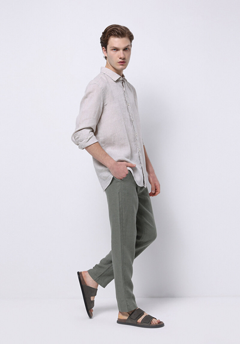 Regular Fit Orta Bel Uzun Paça Erkek Keten Karışımlı Yeşil  Pantolon