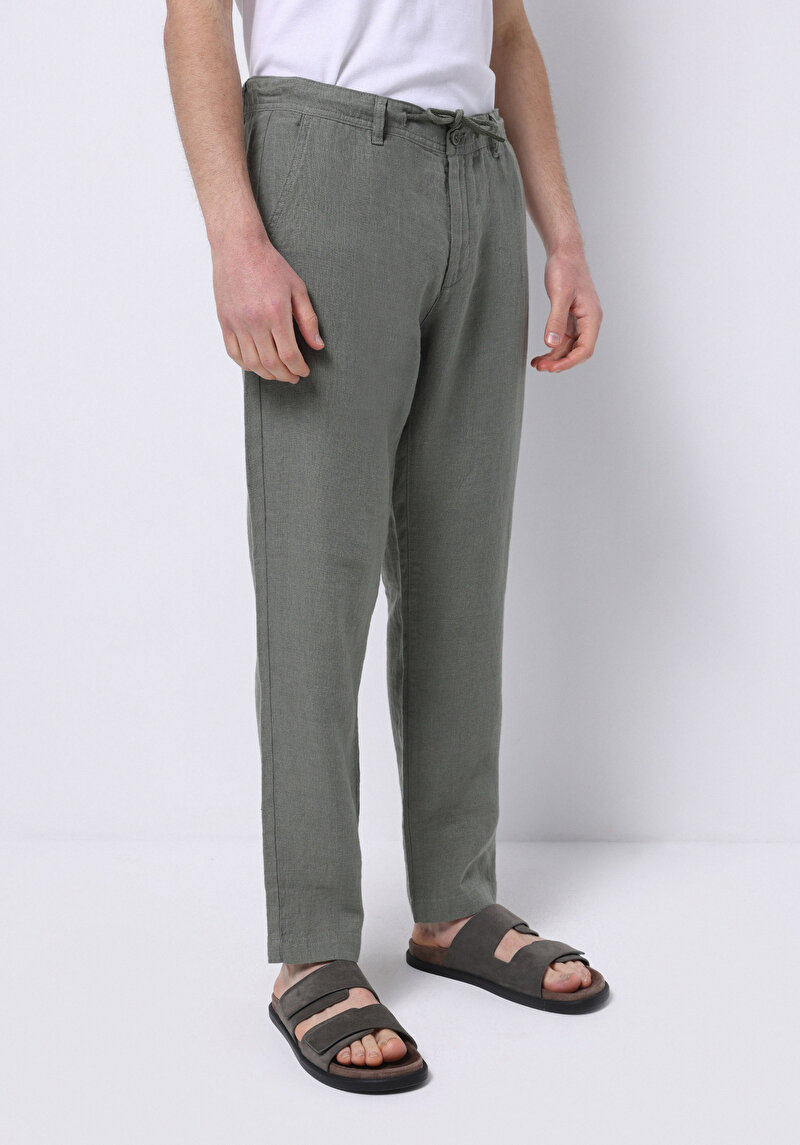 Regular Fit Orta Bel Uzun Paça Erkek Keten Yeşil Pantolon