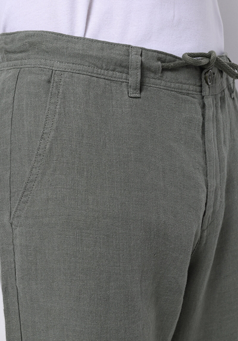 Regular Fit Orta Bel Uzun Paça Erkek Keten Karışımlı Yeşil  Pantolon