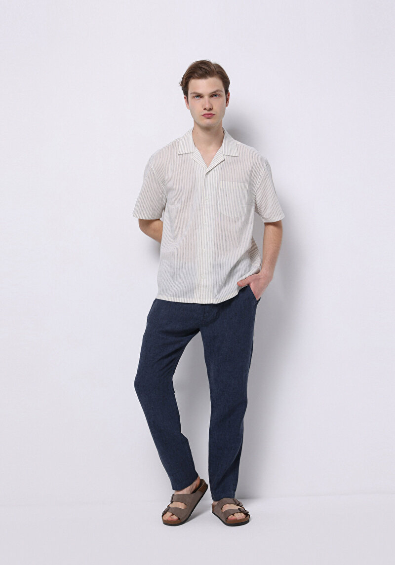 Regular Fit Orta Bel Uzun Paça Erkek Keten Lacivert Pantolon