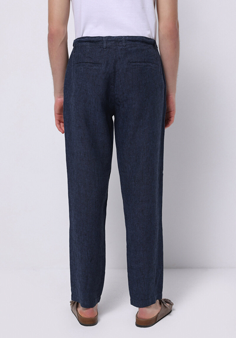 Regular Fit Orta Bel Uzun Paça Erkek Keten Lacivert Pantolon
