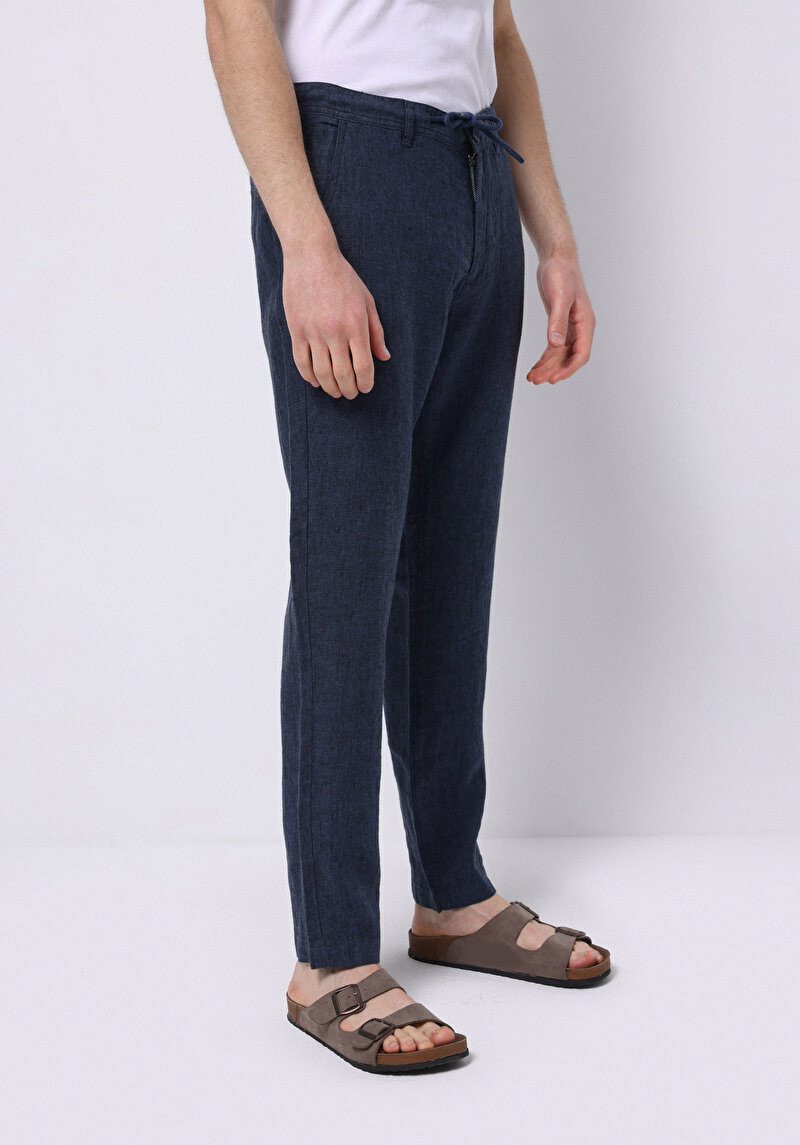 Regular Fit Orta Bel Uzun Paça Erkek Keten Karışımlı Lacivert  Pantolon