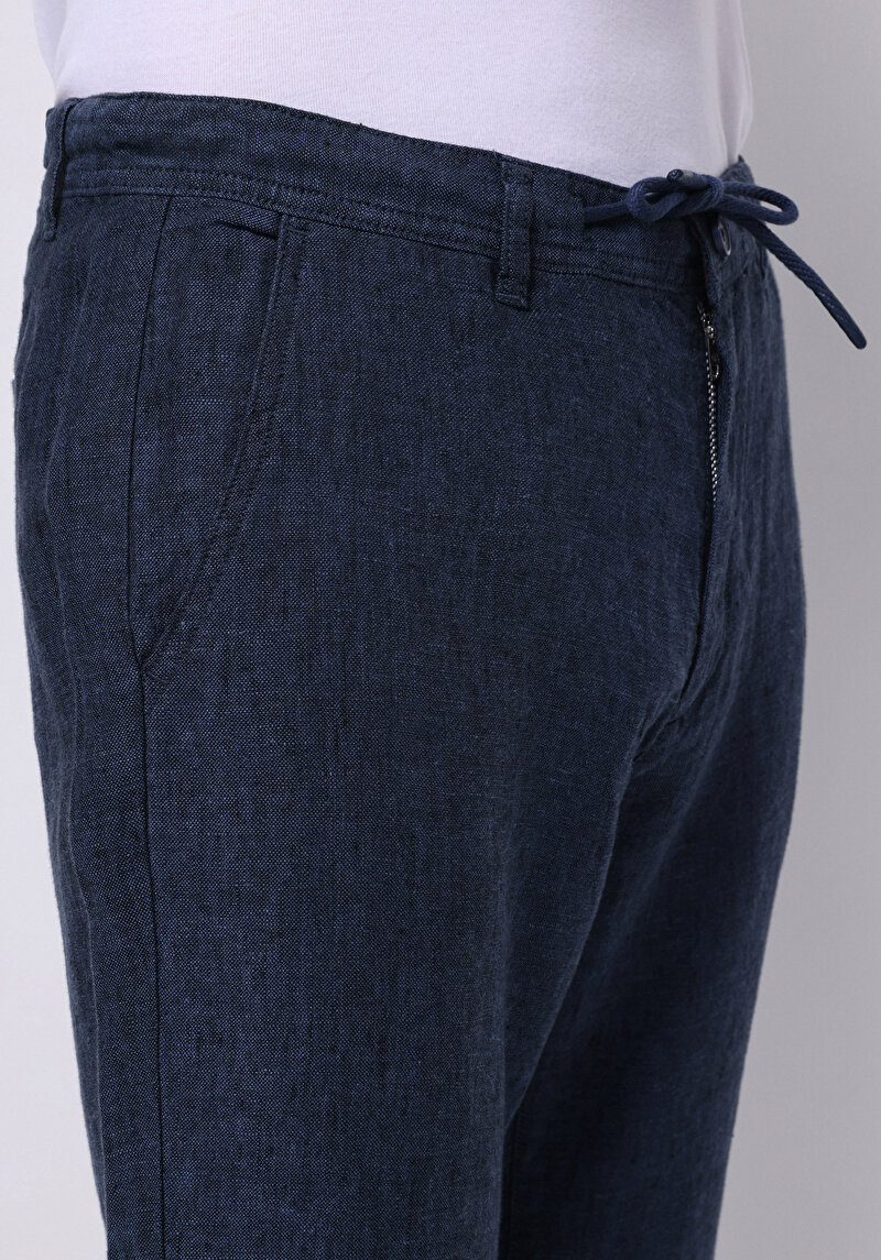 Regular Fit Orta Bel Uzun Paça Erkek Keten Karışımlı Lacivert  Pantolon