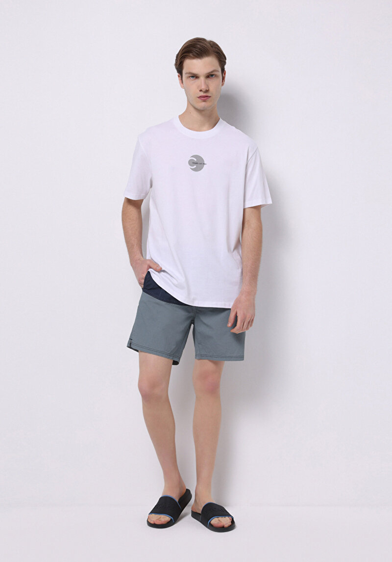 Slim Fit Baskılı Erkek Mavi Deniz Şortu