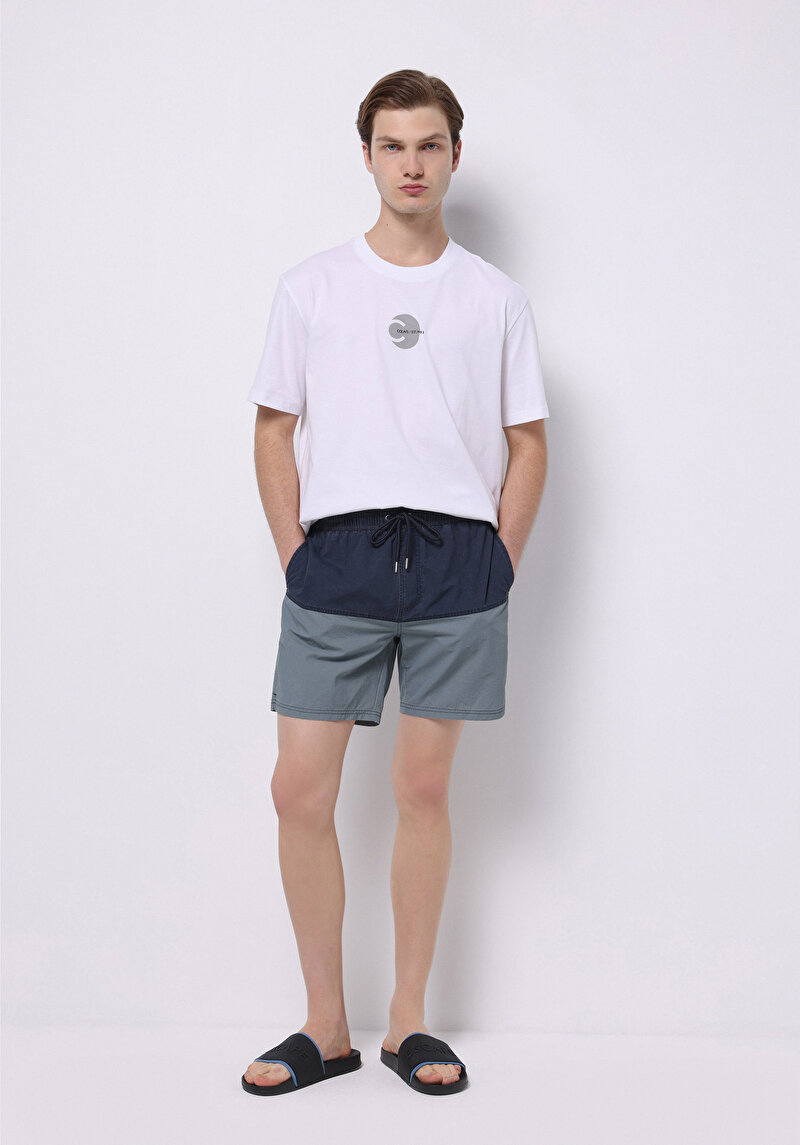 Slim Fit Baskılı Erkek Mavi Deniz Şortu
