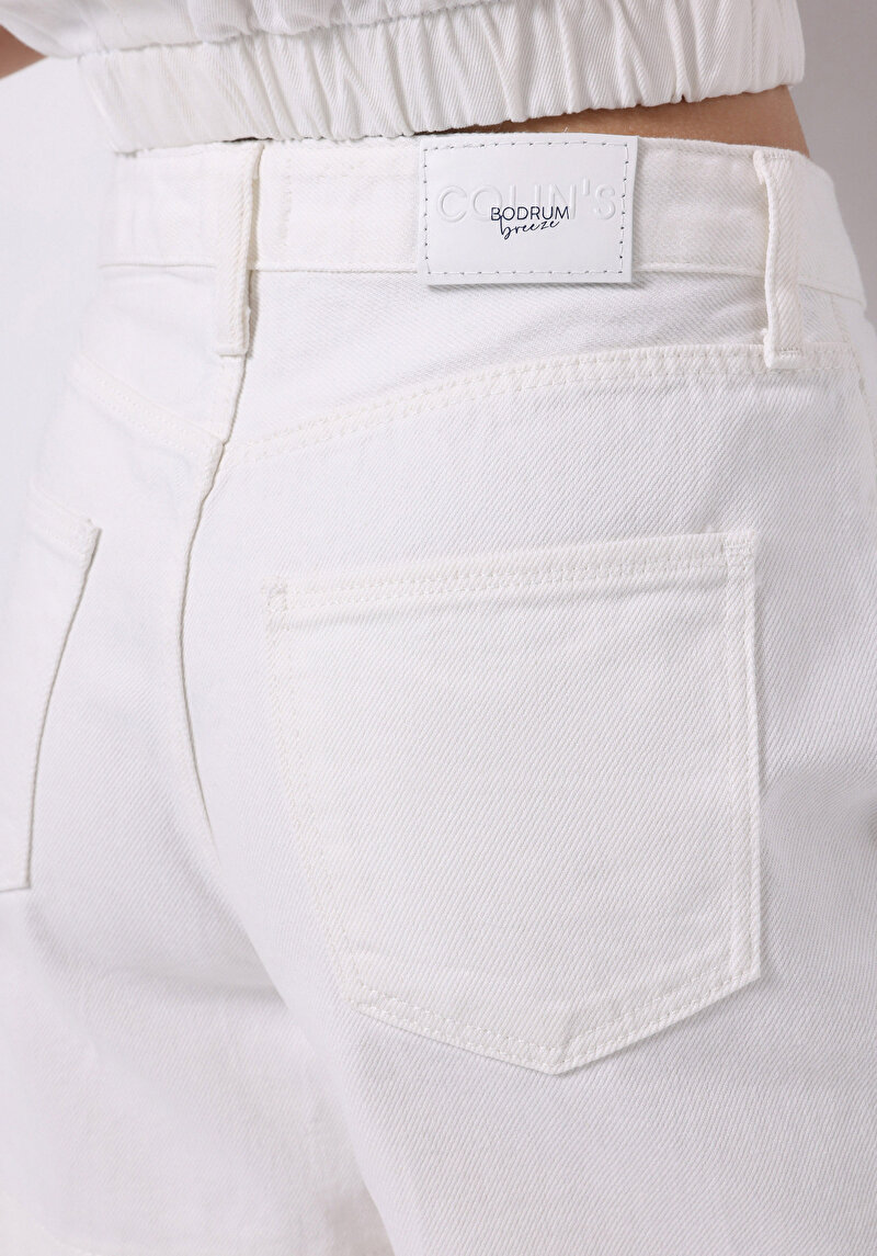 Regular Fit Yüksel Bel Düz Kadın Beyaz Ecologic Jean Şort