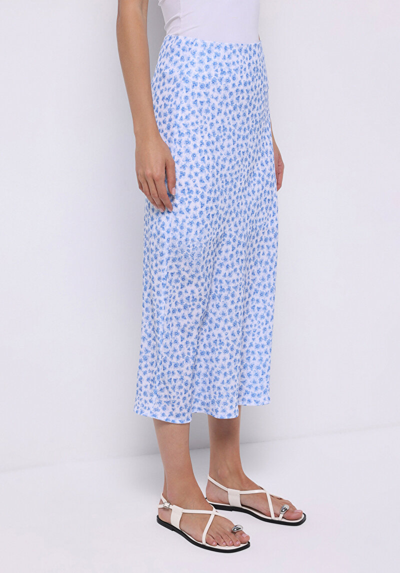 Midi Baskılı Fermuarlı Kadın Mavi Etek