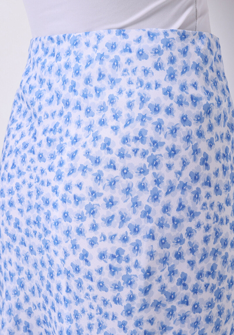 Midi Baskılı Fermuarlı Kadın Mavi Etek
