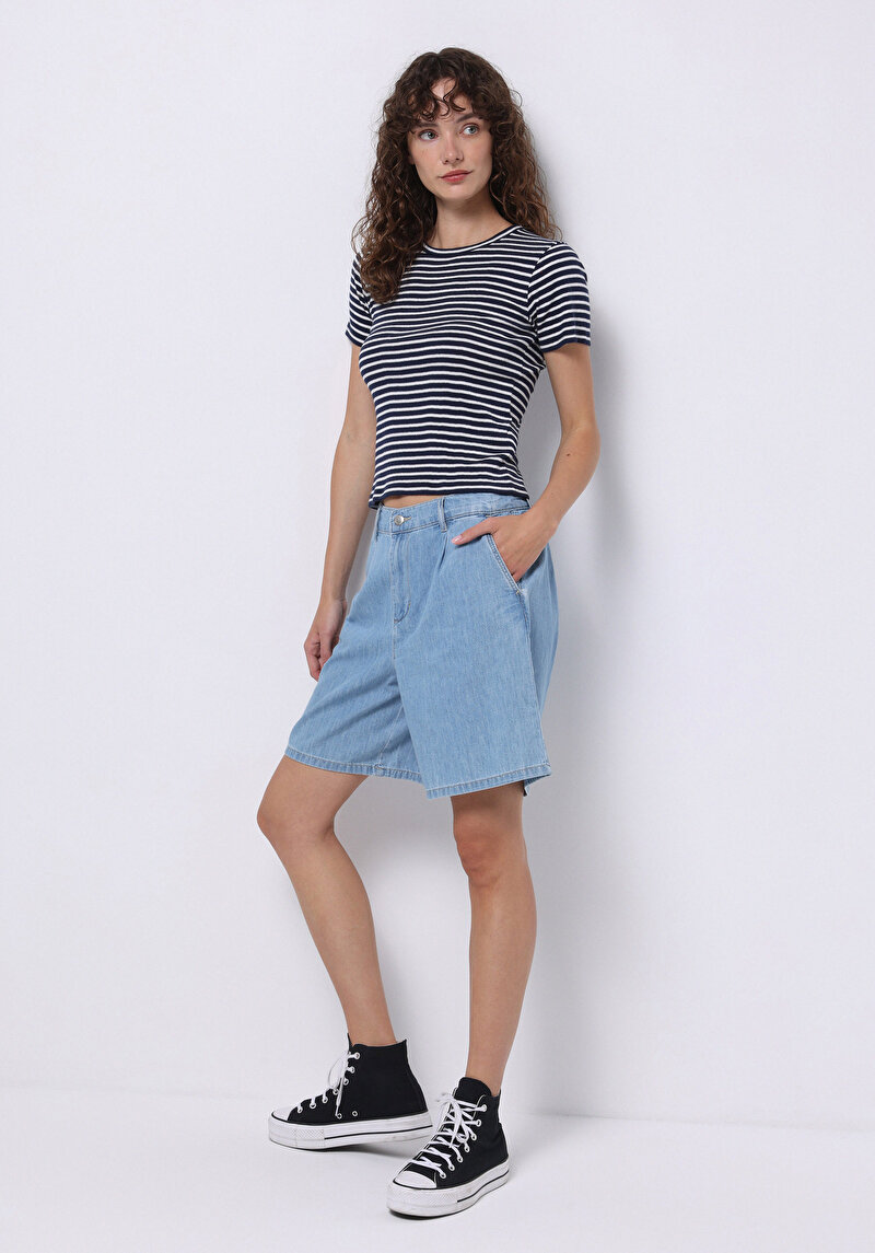 Loose Fit Yüksek Bel Düz Kadın Gri Jean Şort