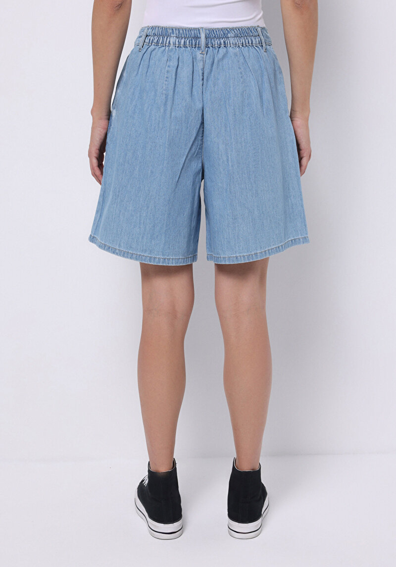 Loose Fit Yüksek Bel Düz Kadın Gri Jean Şort