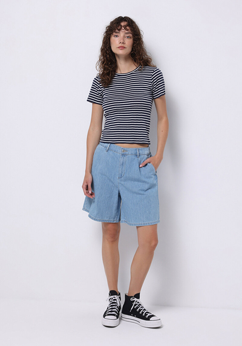 Loose Fit Yüksek Bel Düz Kadın Gri Jean Şort