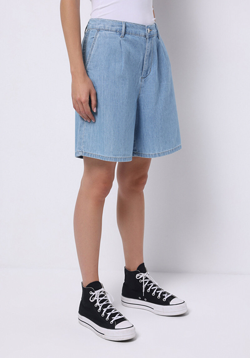 Loose Fit Yüksek Bel Düz Kadın Gri Jean Şort