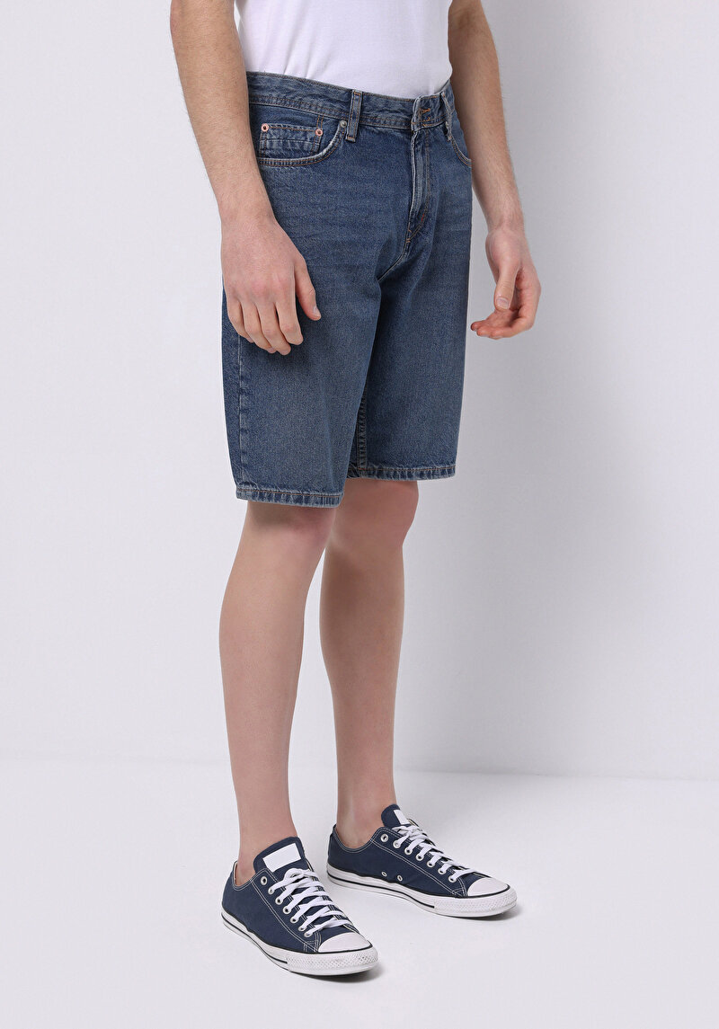 Regular Fit Orta Bel Düz Erkek Koyu İndigo Jean Şort