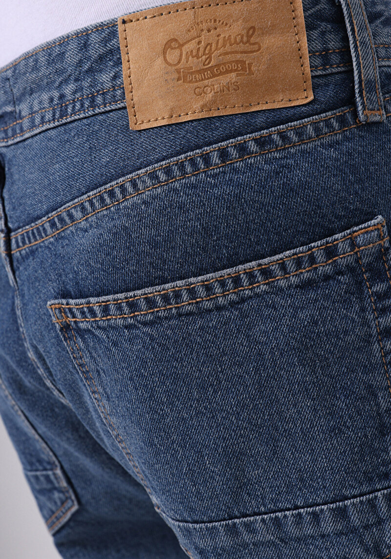 Regular Fit Orta Bel Düz Erkek Koyu İndigo Jean Şort