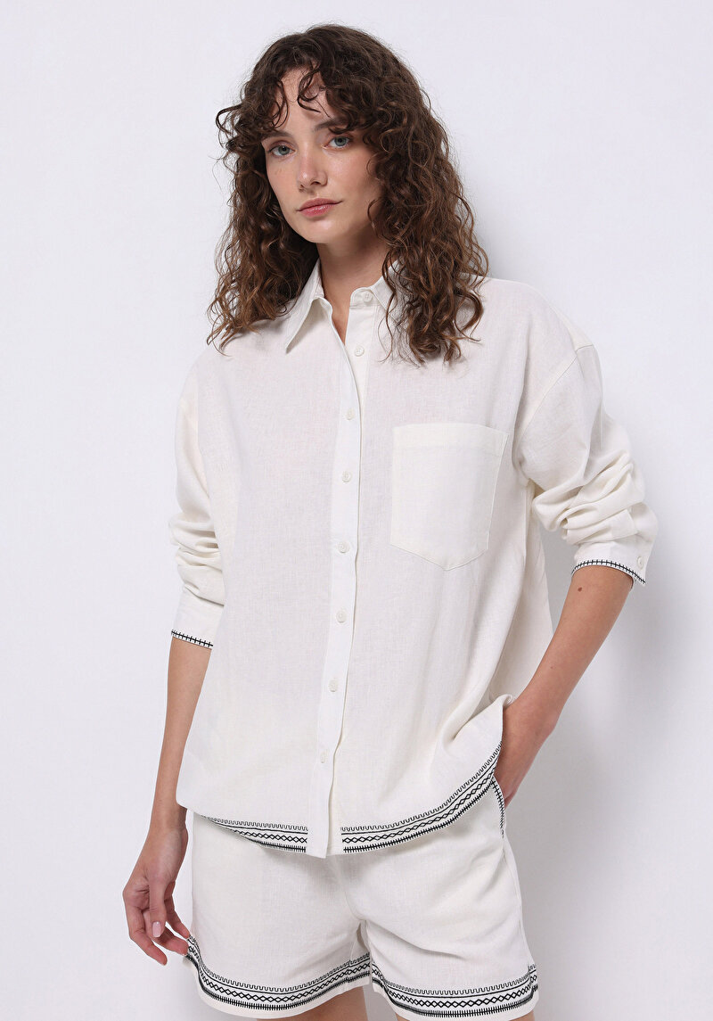 Regular Fit Shirt Neck Nakışlı Kadın Beyaz Uzun Kol Gömlek