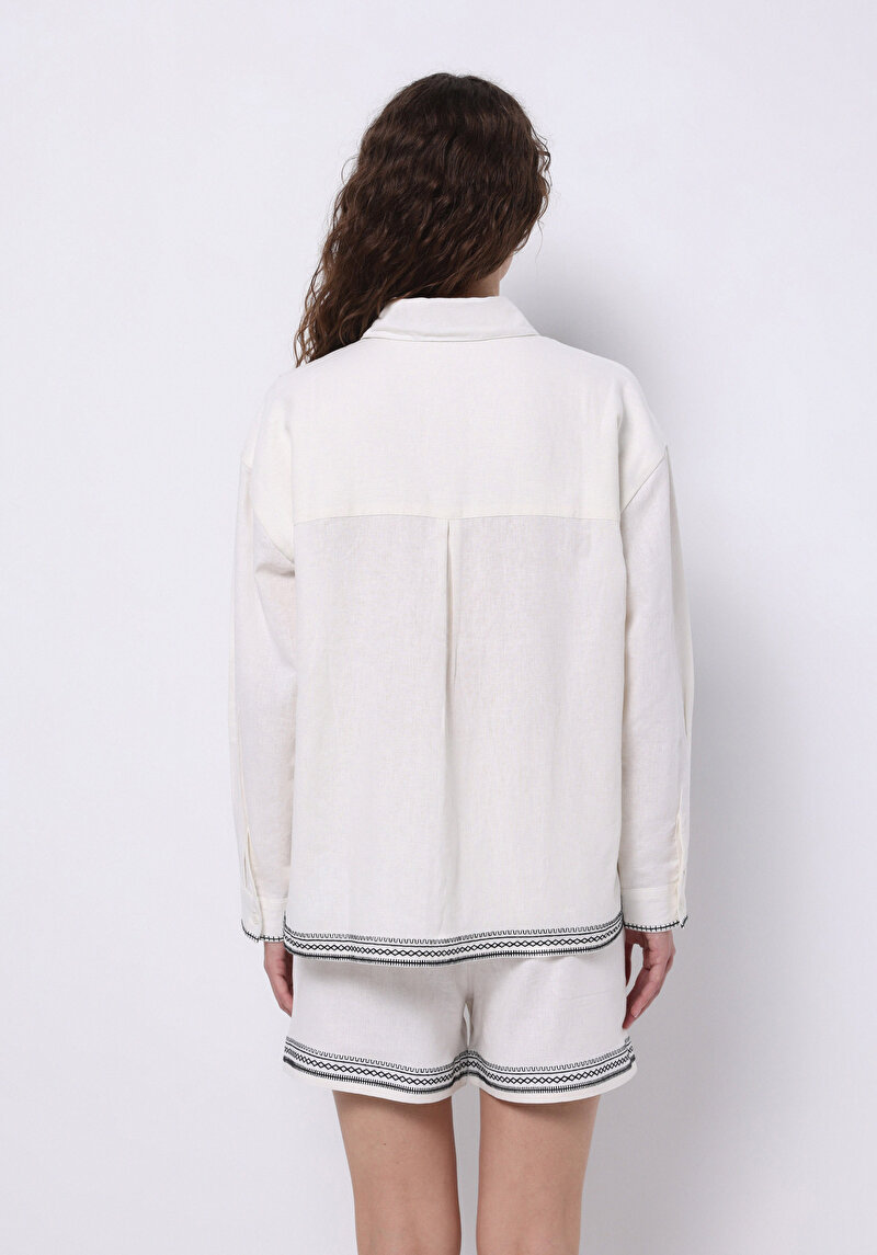 Regular Fit Shirt Neck Nakışlı Kadın Beyaz Uzun Kol Gömlek